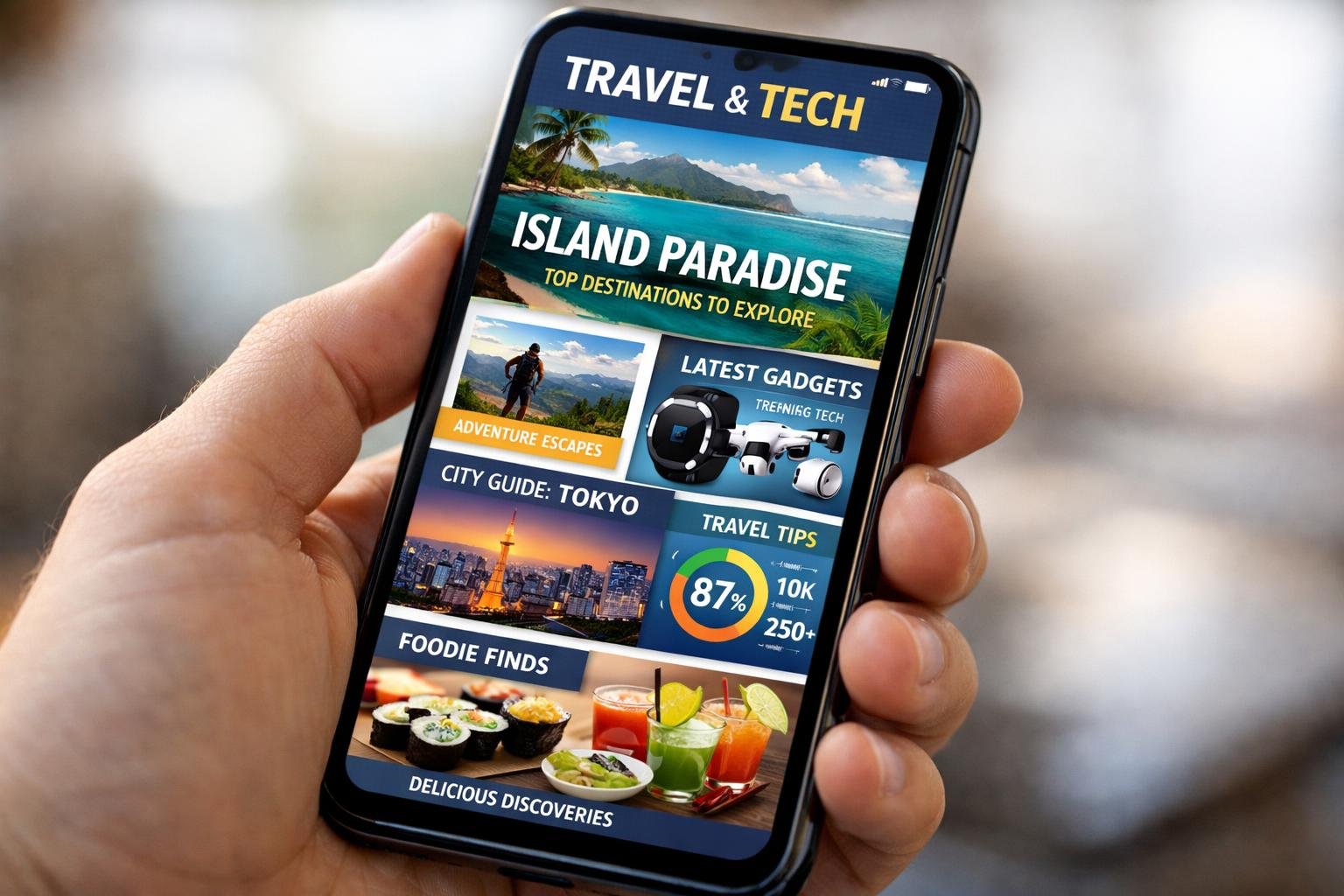 Modern digitális magazin megjelenítése egy okostelefon képernyőjén