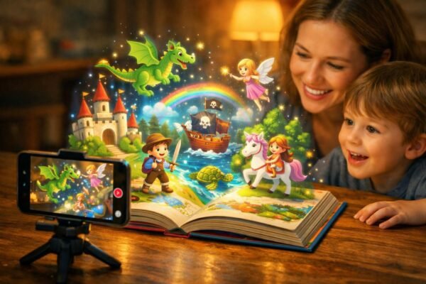 Gyerek AR-könyvet olvas, ahol a szereplők animáltan jelennek meg
