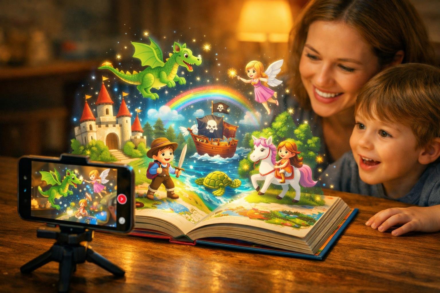Gyerek AR-könyvet olvas, ahol a szereplők animáltan jelennek meg