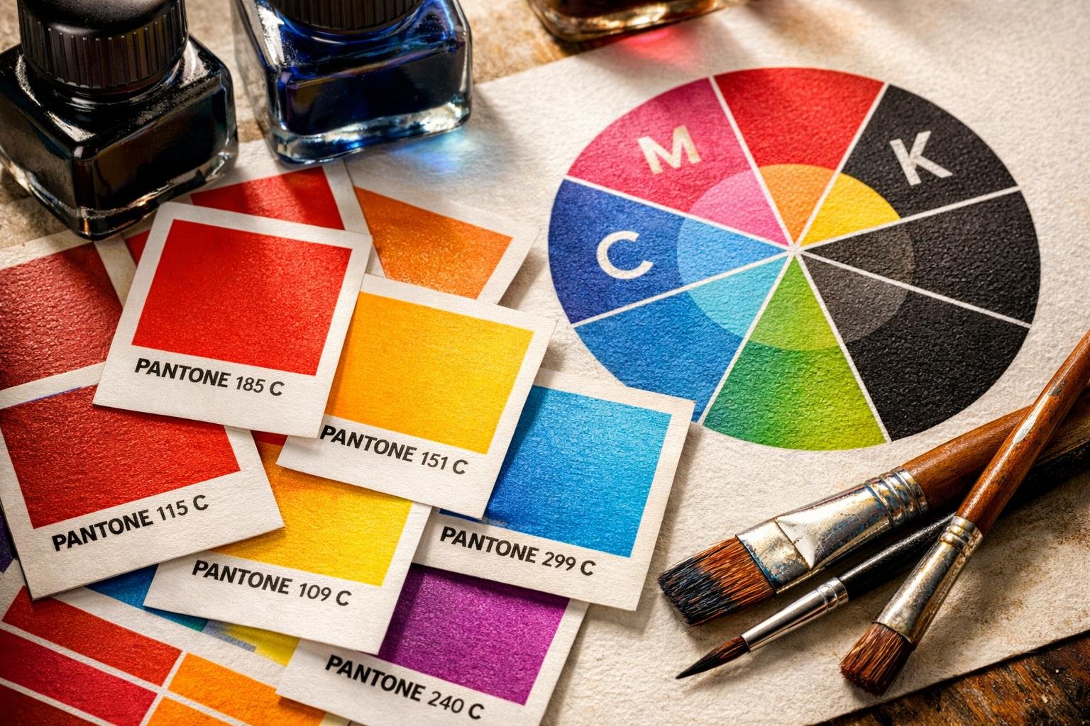 Pantone színminták és nyomtatási segédeszközök asztalon