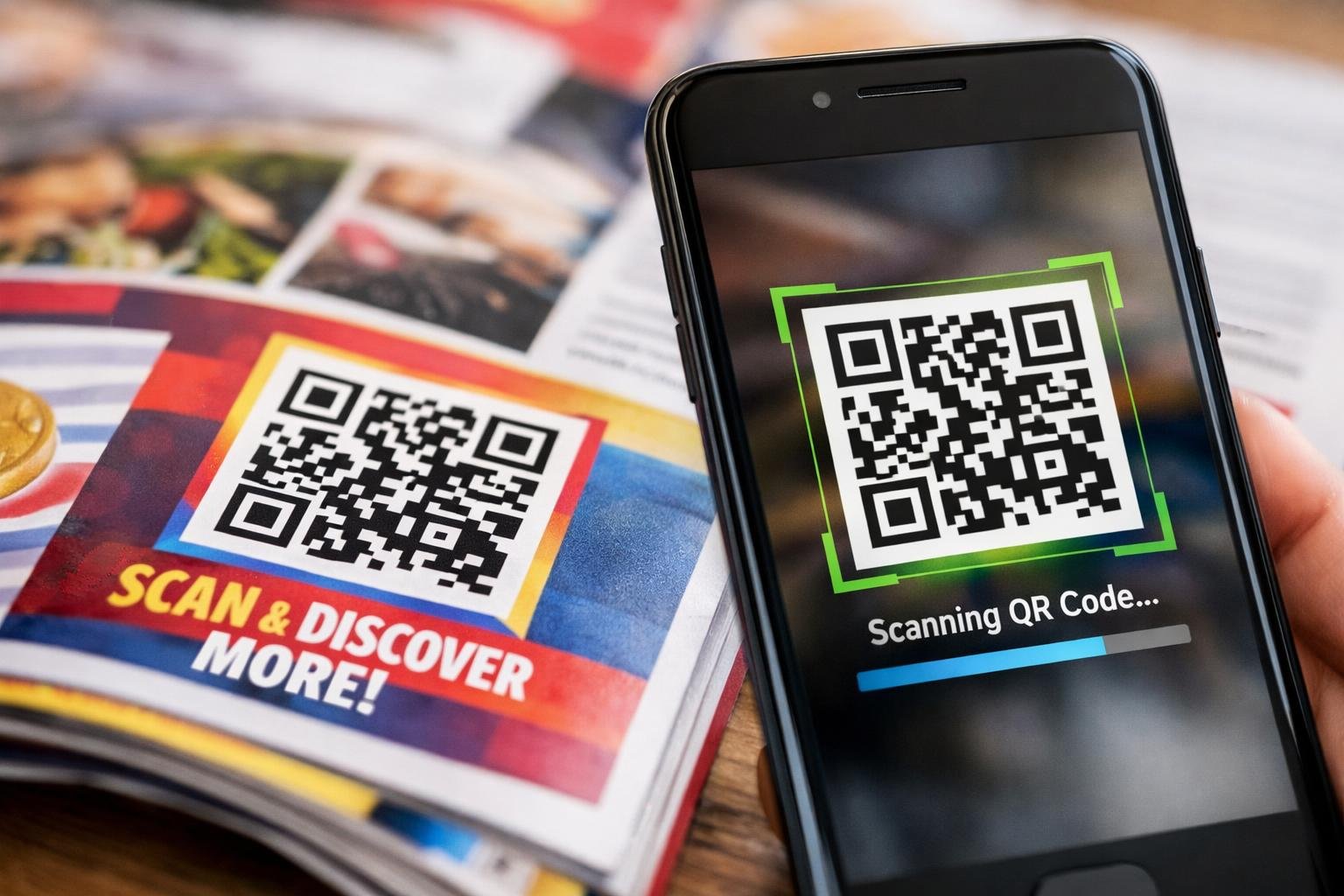 Nyomtatott reklám, amely QR kóddal videót indít el okostelefonon