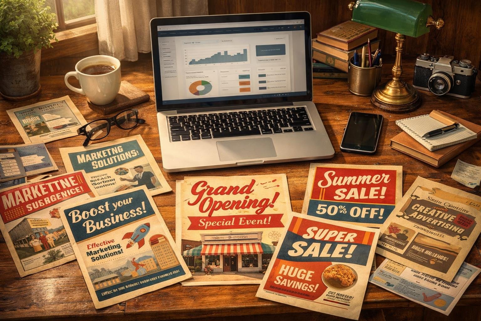 Színes nyomtatott szórólapok asztalon egy offline marketing kampányhoz