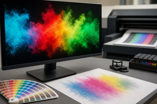 RGB és CMYK színterek összehasonlítása képernyős és nyomtatott színek bemutatásával